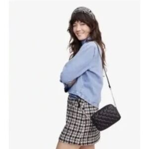 Rebecca Minkoff Black Quilted Studded Leather Crossbody Camera Bag Silver Chain